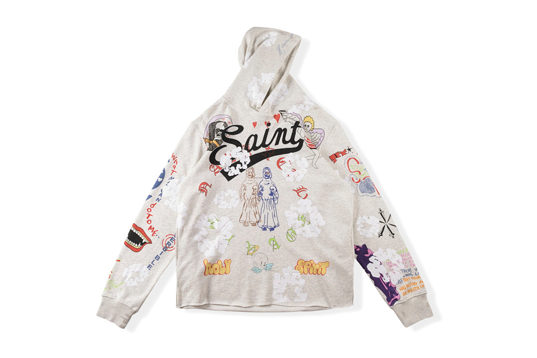 Aged Graffiti Heavy Hand-Painted Hoodie - Light Gray - product image 1
