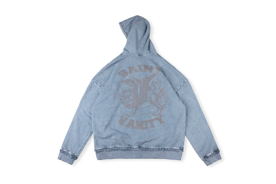 Saint Vanity Washed Distressed Studded Hoodie - Charcoal / Blue