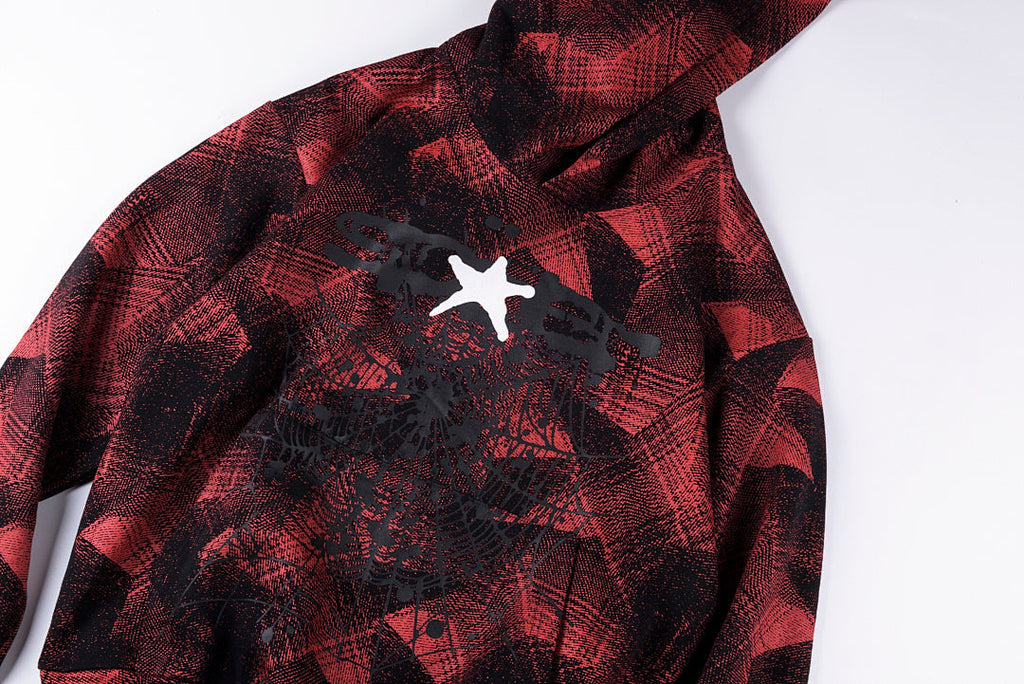 Sp5der 555555 Worldwide Vintage Red-Black Plaid Spider Web Hoodie - Burgundy - product image 8