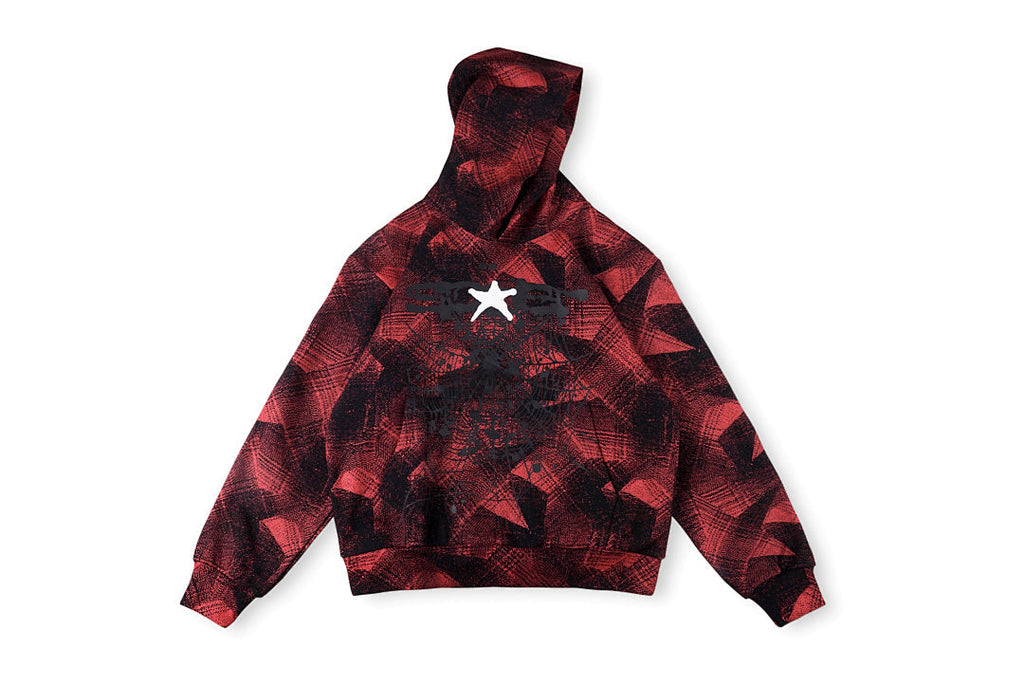Sp5der 555555 Worldwide Vintage Red-Black Plaid Spider Web Hoodie - Burgundy - product image 1