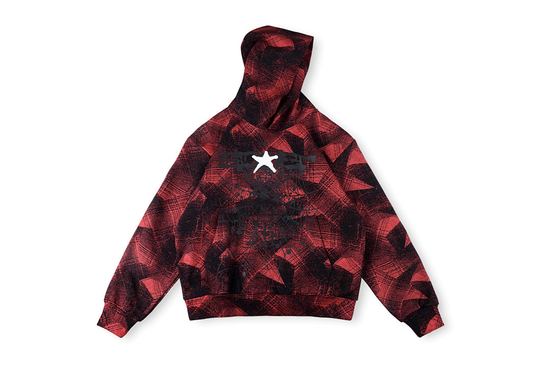 Sp5der 555555 Worldwide Vintage Red-Black Plaid Spider Web Hoodie - Burgundy - product image 1