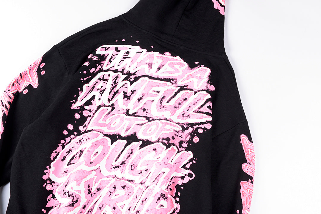 That's A Awful Lot of Cough Syrup Pink Letter Graffiti Print Casual Hoodie - Black / Light Gray - product image 14