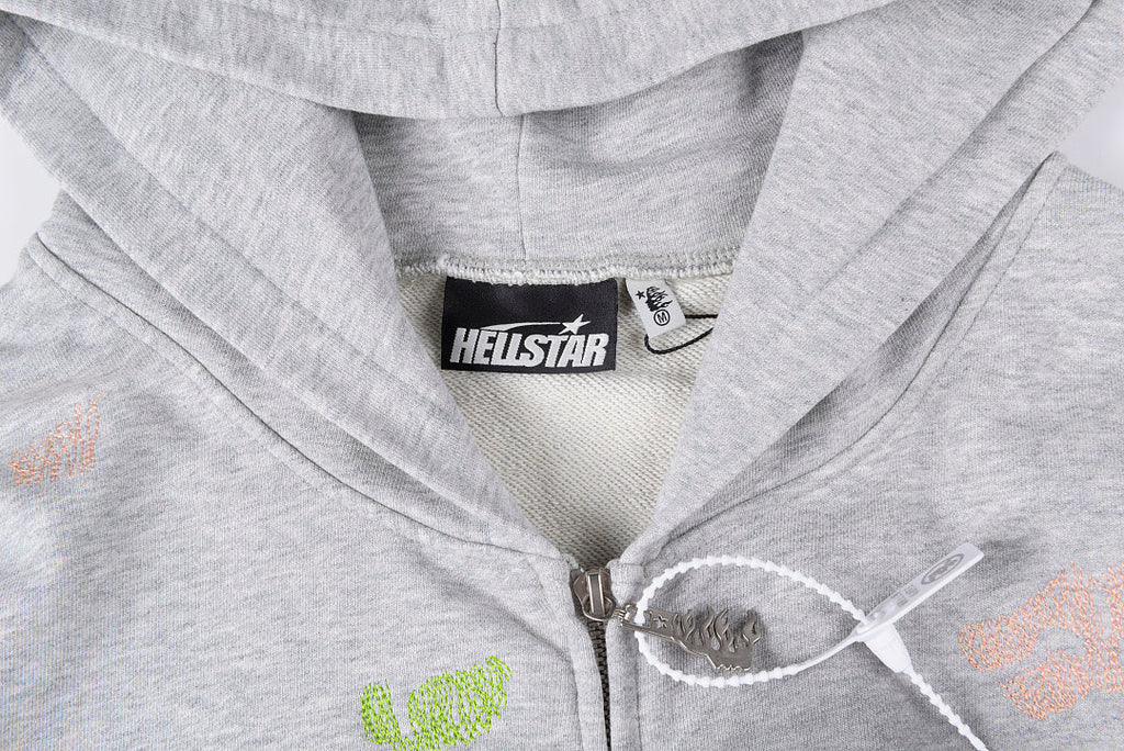 Hellstar Studios Zip-Up Distressed Embroidery Graffiti Cotton Hoodie - Light Gray - product image 5
