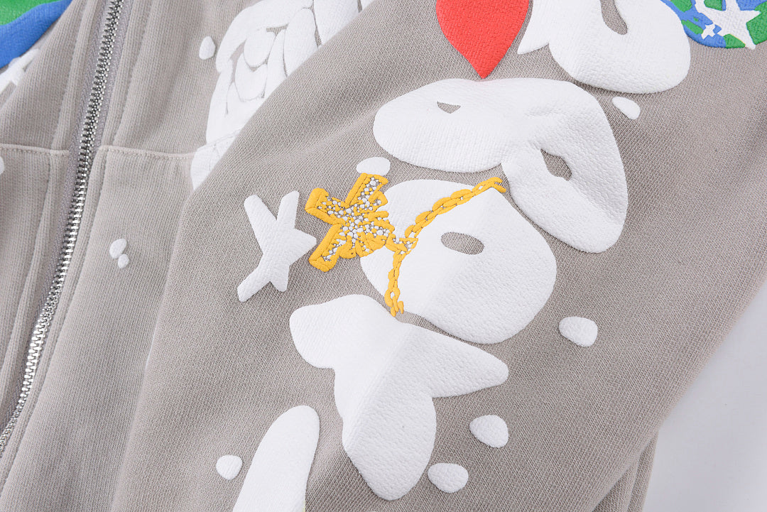 Vertabrae Cosmic Earth Skull Meteorite Puff Print Zip-Up Hoodie - Gray / Red - product image 7