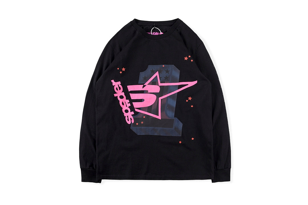 Sp5der 555555 Pink Letter Long Sleeve T-Shirt - Black - product image 1