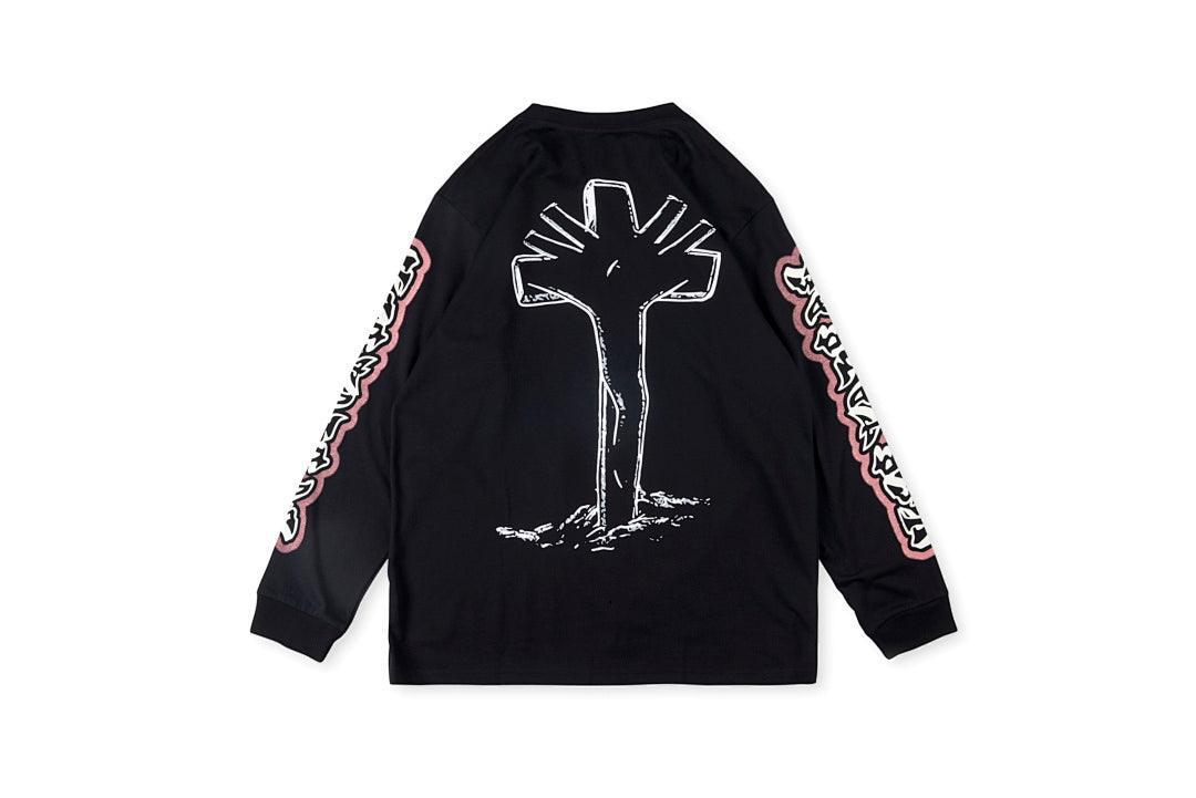Vertabrae Vintage Cross Print Oversized Cotton Long Sleeve T-Shirt - Black - product image 2