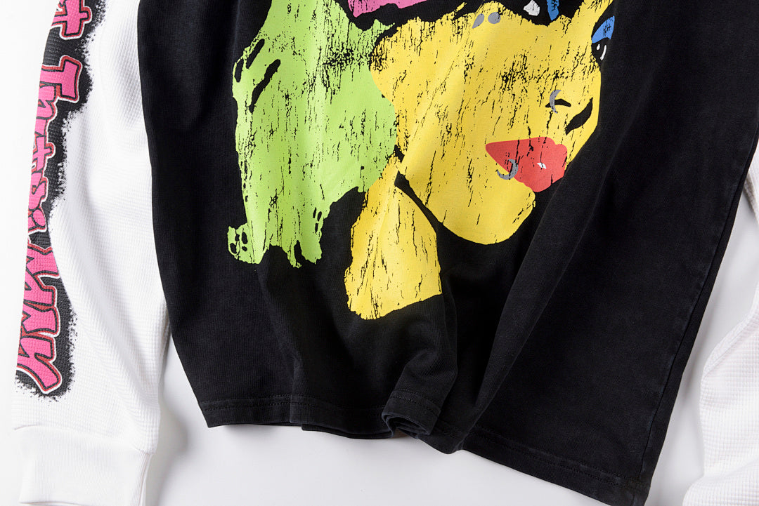Lost Intricacy Washed Vintage Colorful Rhinestone Print Cotton Long Sleeve T-Shirt - Black - product image 9