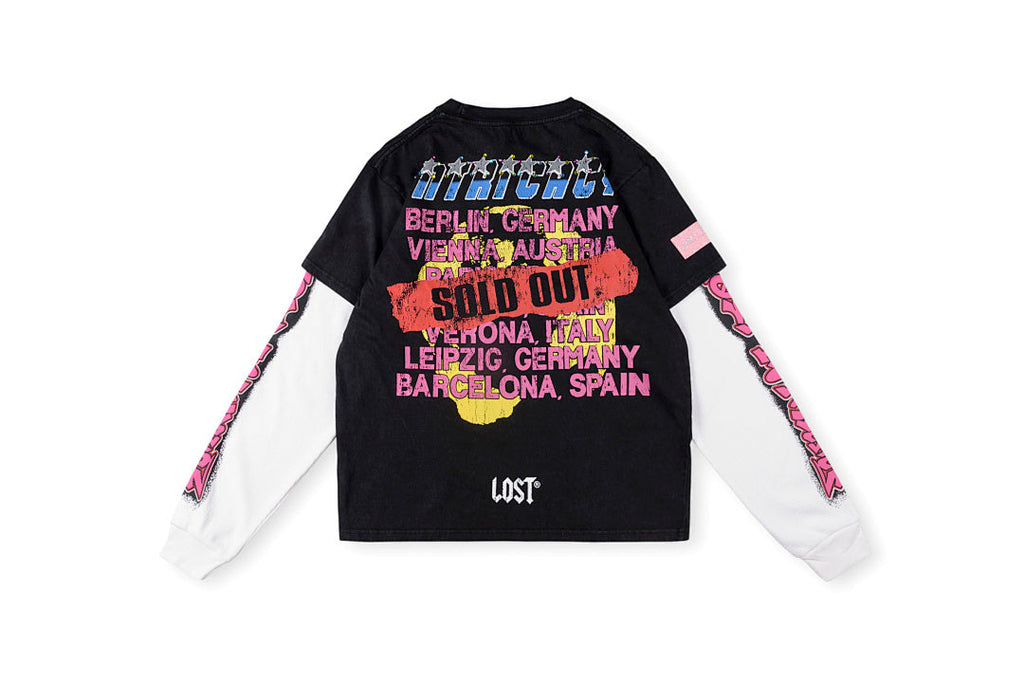 Lost Intricacy Washed Vintage Colorful Rhinestone Print Cotton Long Sleeve T-Shirt - Black - product image 2