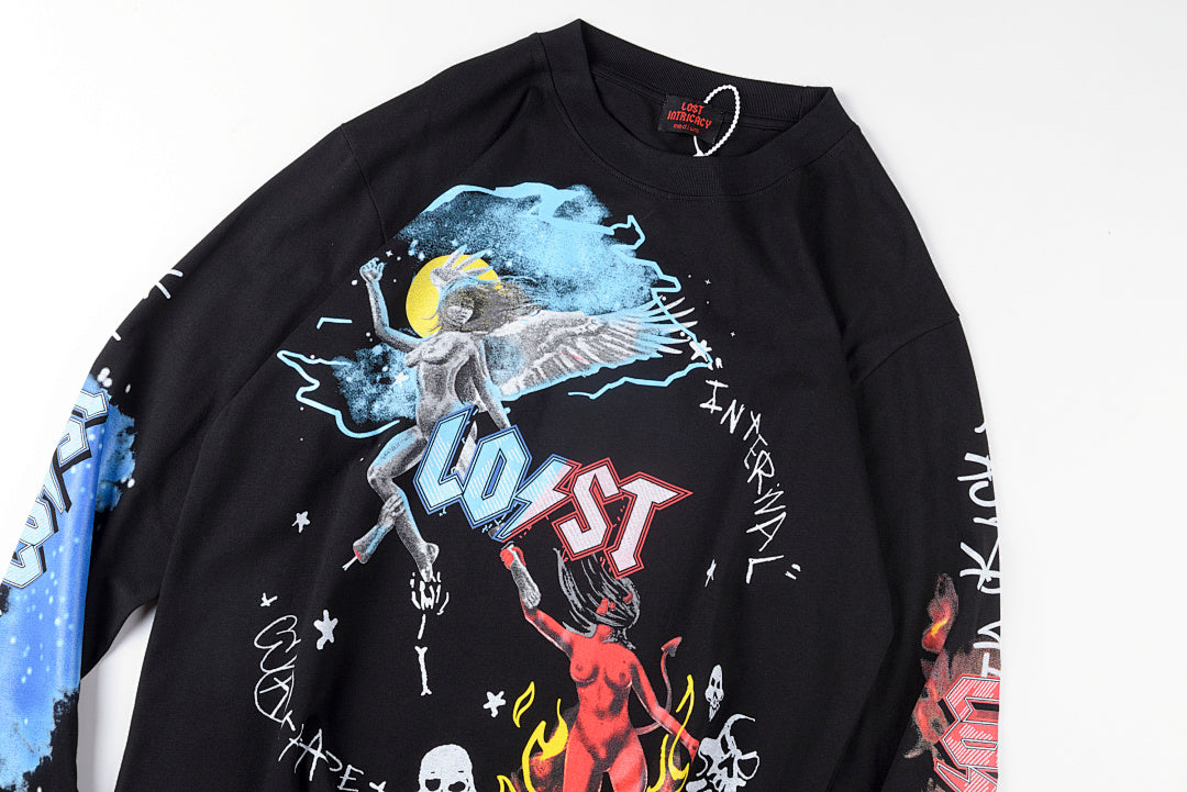 Lost Intricacy Washed Vintage Angel & Devil Print Cotton Long Sleeve T-Shirt - Black - product image 11