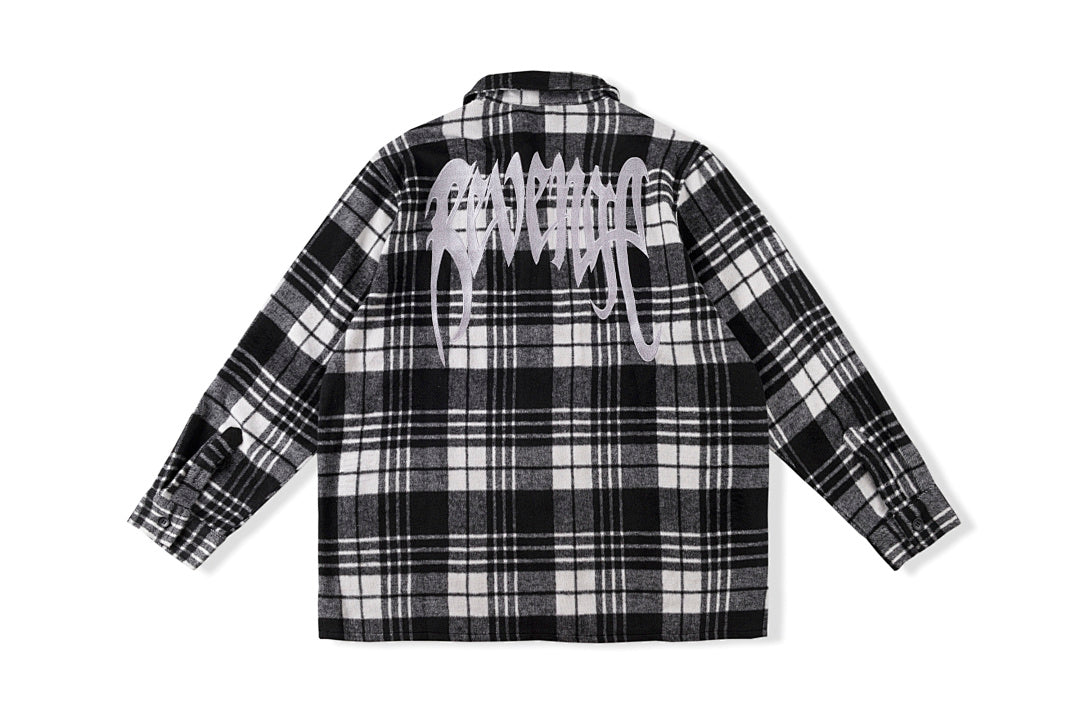 Revenge Embroidered Flannel Plaid Zip Shirt Jacket - Black Plaid / Brown Plaid / Red Plaid - product image 12