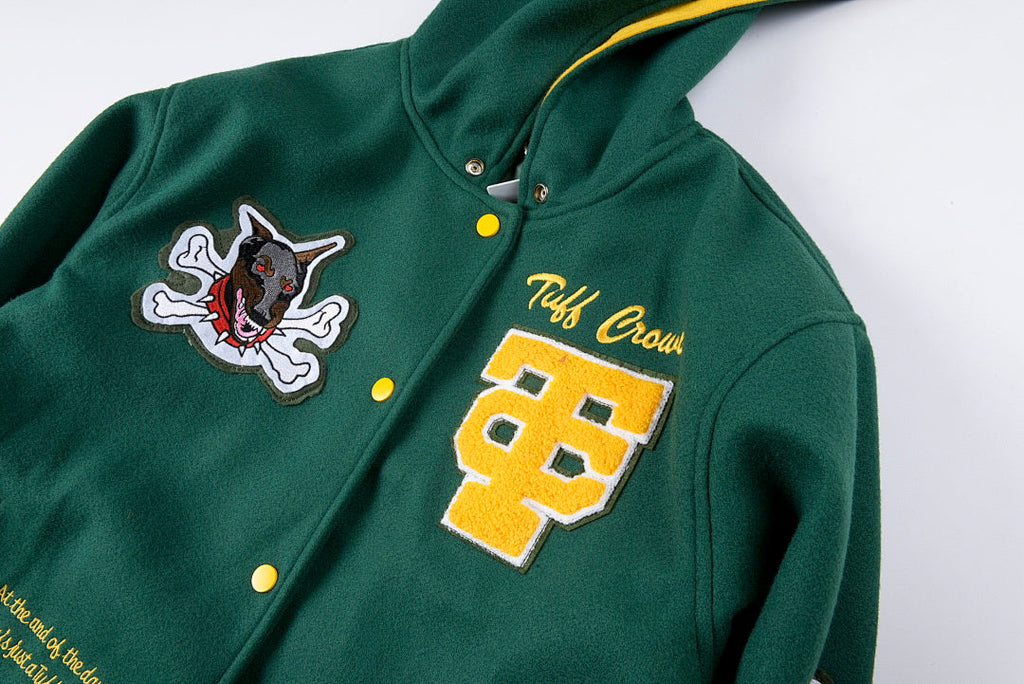 Tuff Crowd Cartoon Dog Head Embroidered Multi-Pocket Hooded Varsity Jacket - Green - product image 7