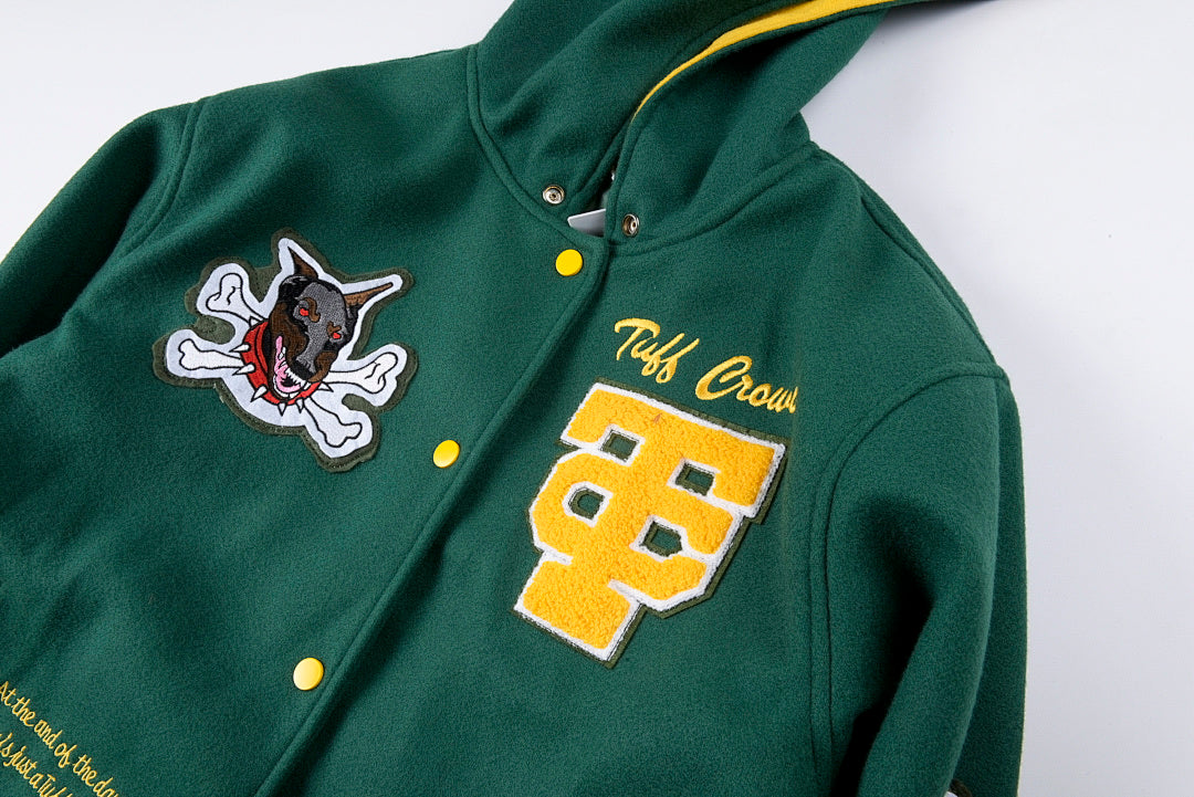 Tuff Crowd Cartoon Dog Head Embroidered Multi-Pocket Hooded Varsity Jacket - Green - product image 7