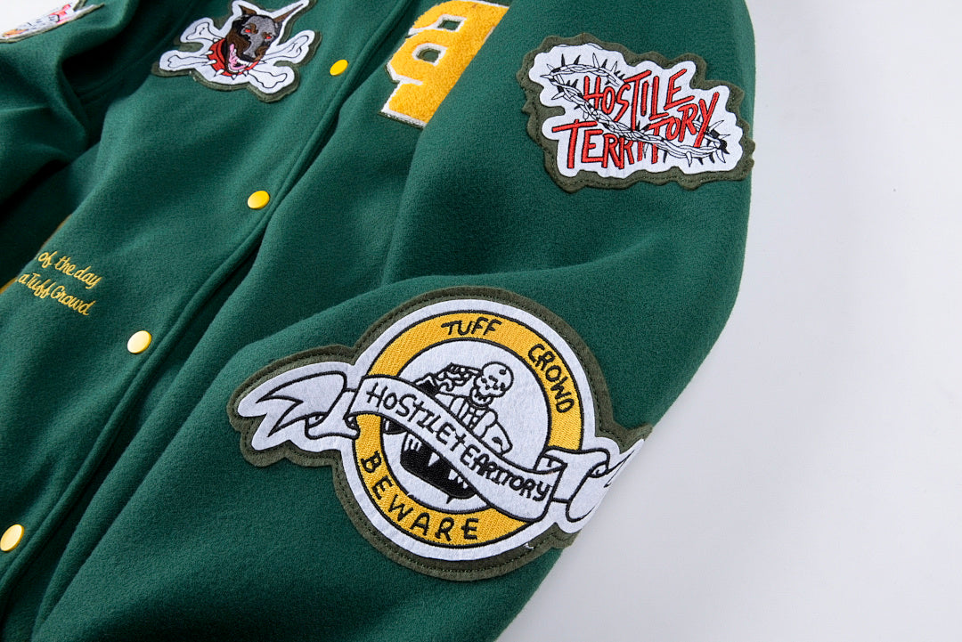 Tuff Crowd Cartoon Dog Head Embroidered Multi-Pocket Hooded Varsity Jacket - Green - product image 9