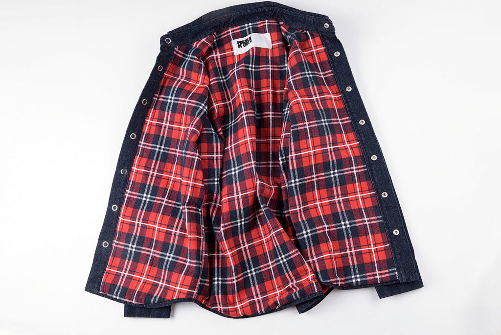 Sp5der Worldwide 555555 Heavy Embroidery Plaid Denim Jacket - Navy Red Plaid - product image 4