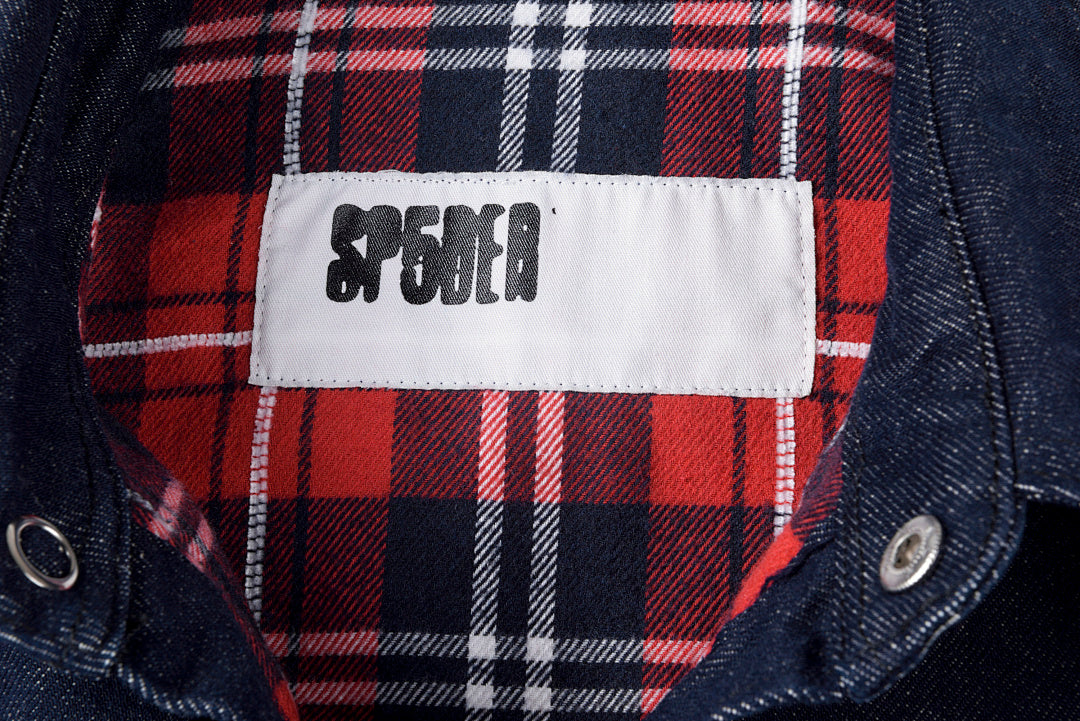 Sp5der Worldwide 555555 Heavy Embroidery Plaid Denim Jacket - Navy Red Plaid - product image 5