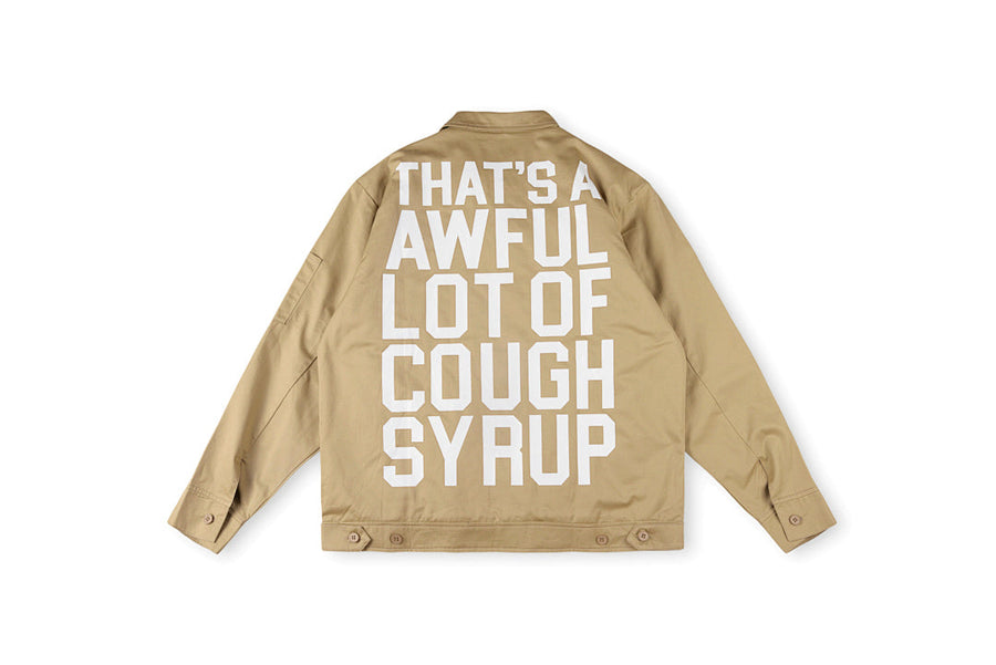 That's A Awful Lot of Cough Syrup Graphic Letter Print Padded Shirt Jacket - Black / Navy / Beige