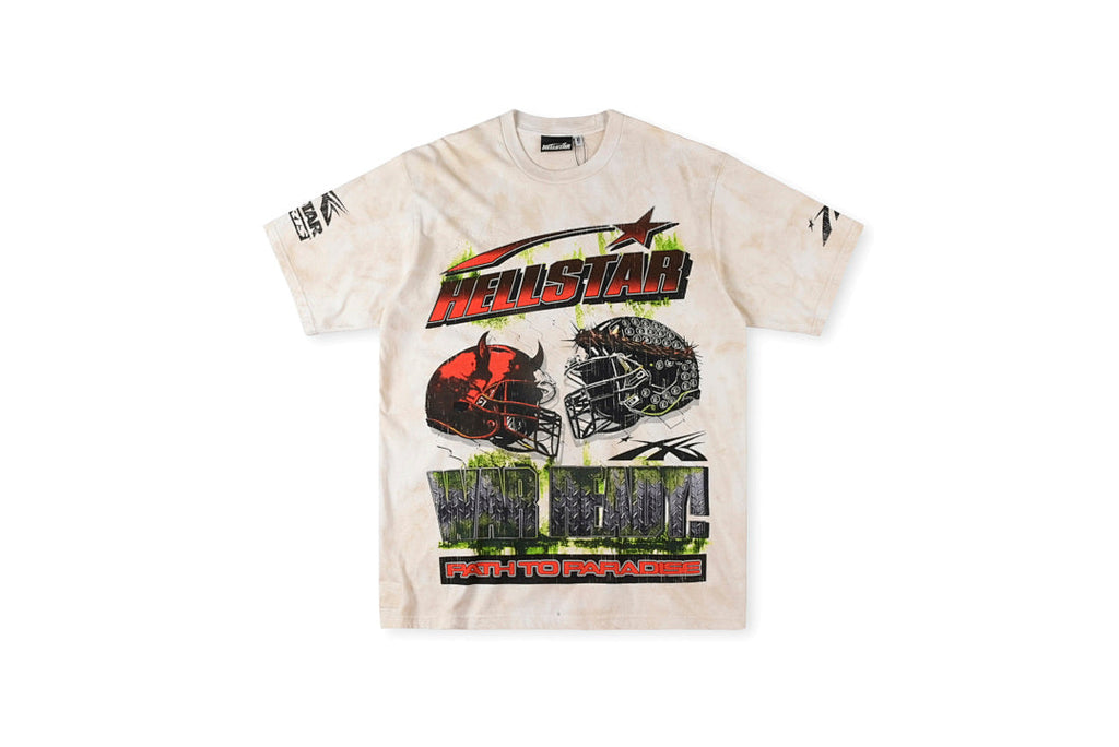 Hellstar Studios War Ready Skull Helmet Tie-Dye T-Shirt - Light Gray Cream - product image 2