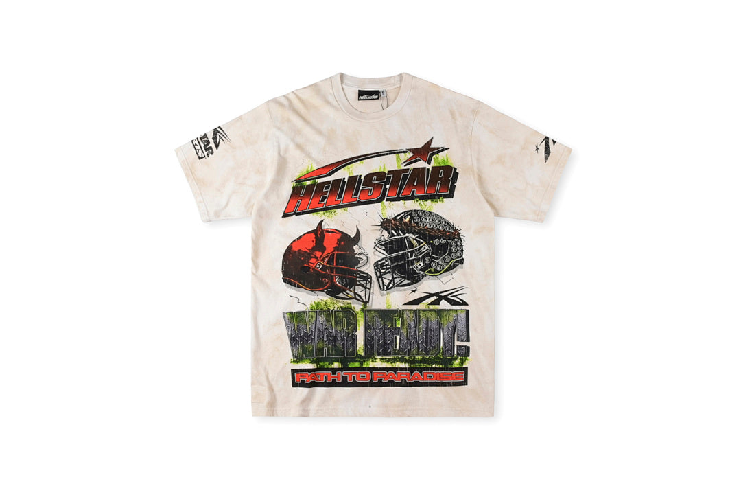 Hellstar Studios War Ready Skull Helmet Tie-Dye T-Shirt - Light Gray Cream - product image 2