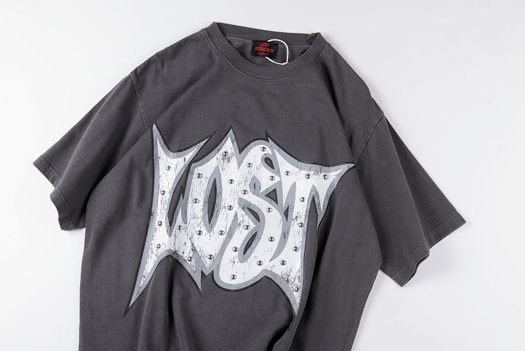 Lost Intricacy Rhinestone Logo Washed Cotton T-Shirt - Charcoal / Light Gray - product image 9