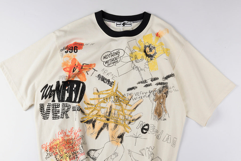 Vertabrae Punk Graffiti Contrast Collar Cotton T-Shirt - Light Gray Mint - product image 8
