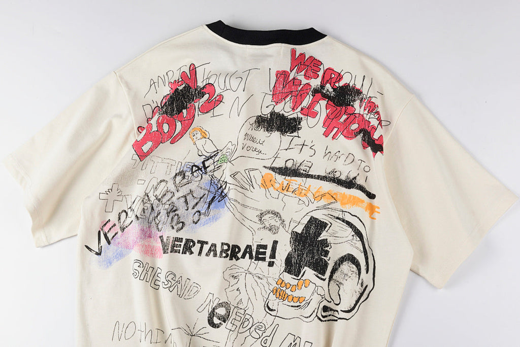 Vertabrae Punk Graffiti Contrast Collar Cotton T-Shirt - Light Gray Mint - product image 12
