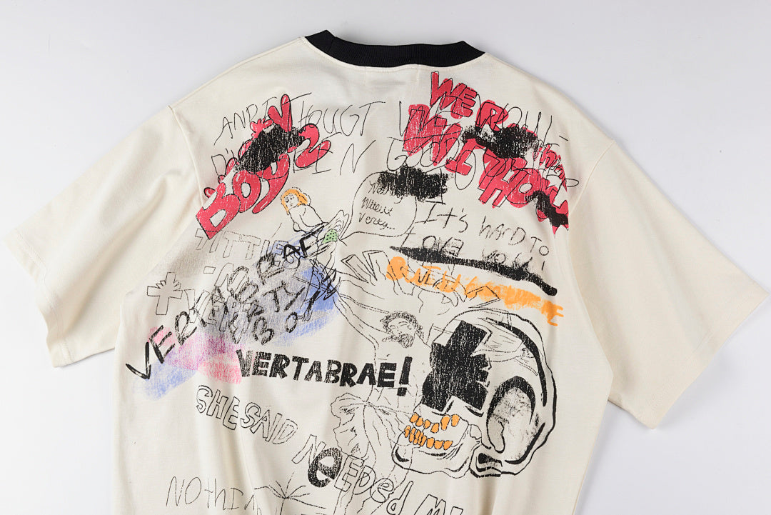 Vertabrae Punk Graffiti Contrast Collar Cotton T-Shirt - Light Gray Mint - product image 12