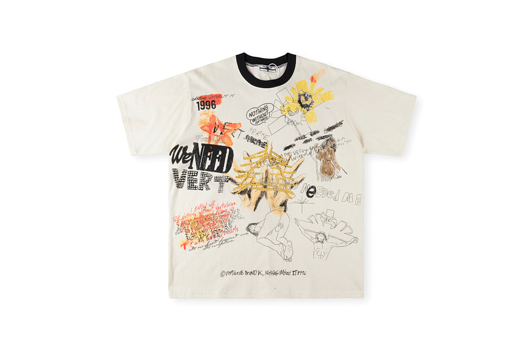 Vertabrae Punk Graffiti Contrast Collar Cotton T-Shirt - Light Gray Mint - product image 1